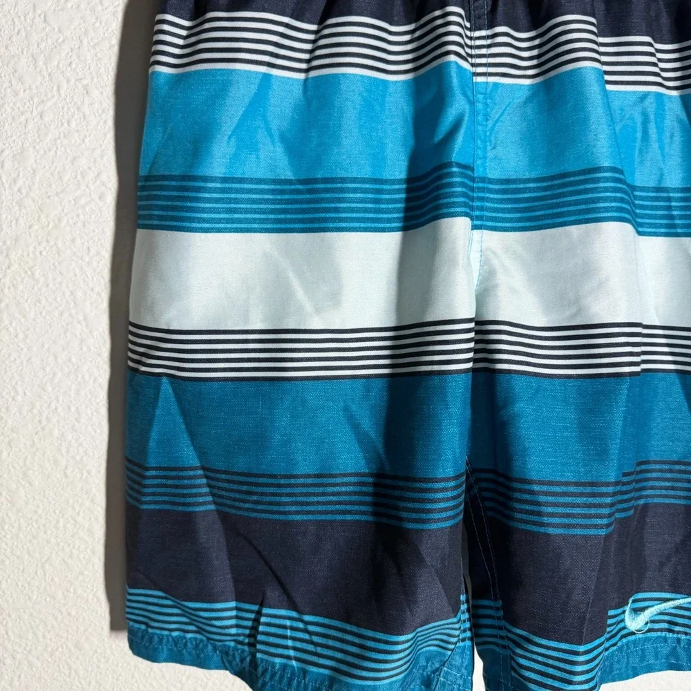 Nike Just‎ Do It Trunks Shorts Boys Teal Blue Striped Drawstring Beach Swimwear